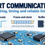UART communication infographic highlighting electrical levels, timing and receive capacity