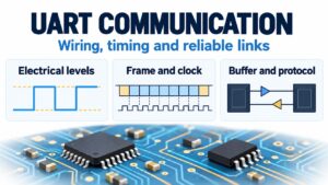 UART communication infographic highlighting electrical levels, timing and receive capacity