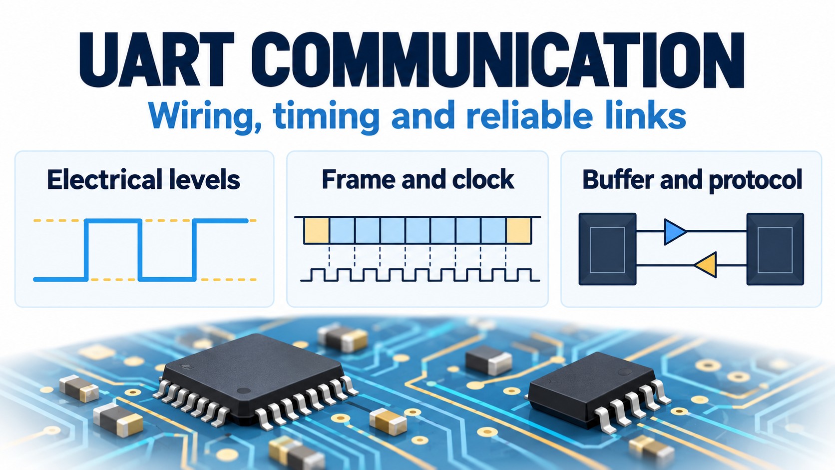 UART communication infographic highlighting electrical levels, timing and receive capacity