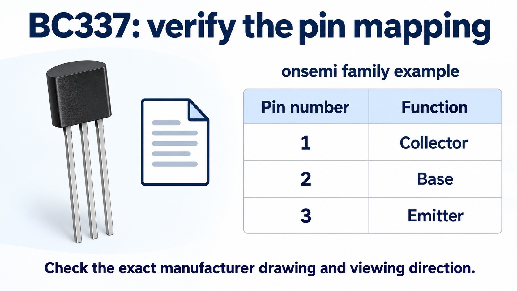 BC337 pin-number table showing collector, base and emitter beside an unnumbered TO-92 illustration