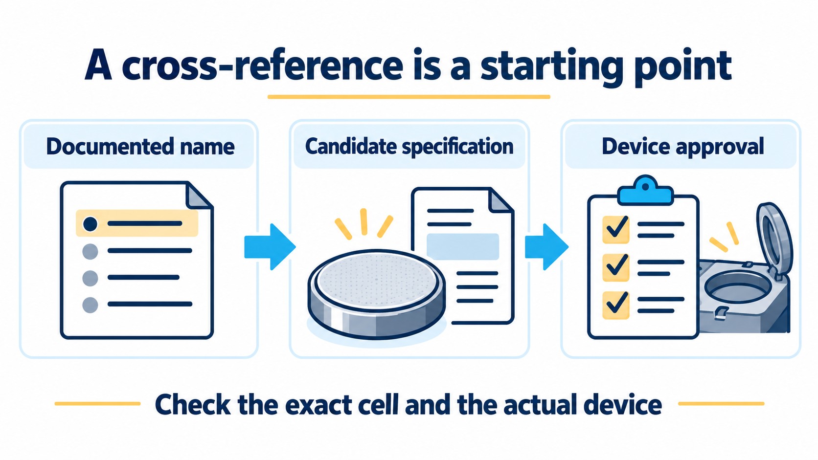 Three evidence levels separate a battery cross-reference from a device-approved replacement