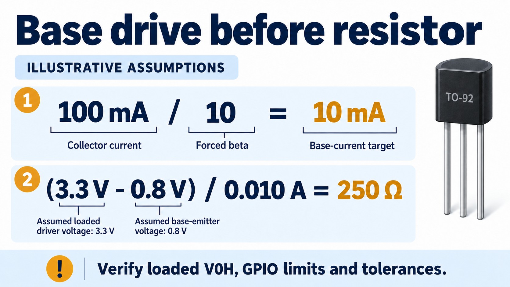 Illustrative BC337 base-drive calculation using 100 mA load, forced beta 10 and assumed driver voltages