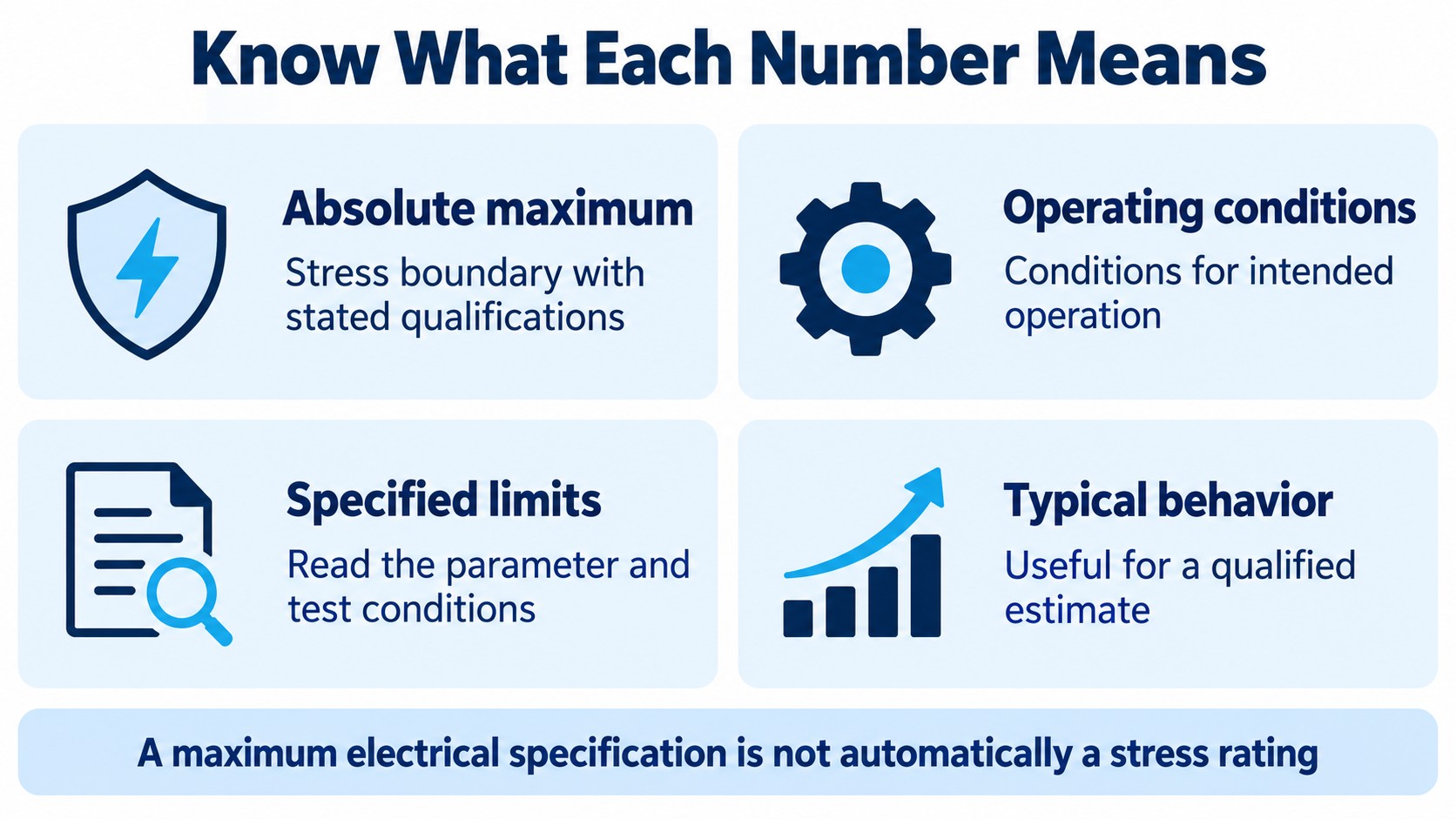 Four distinct datasheet information types: stress ratings, operating conditions, qualified limits and typical behavior.