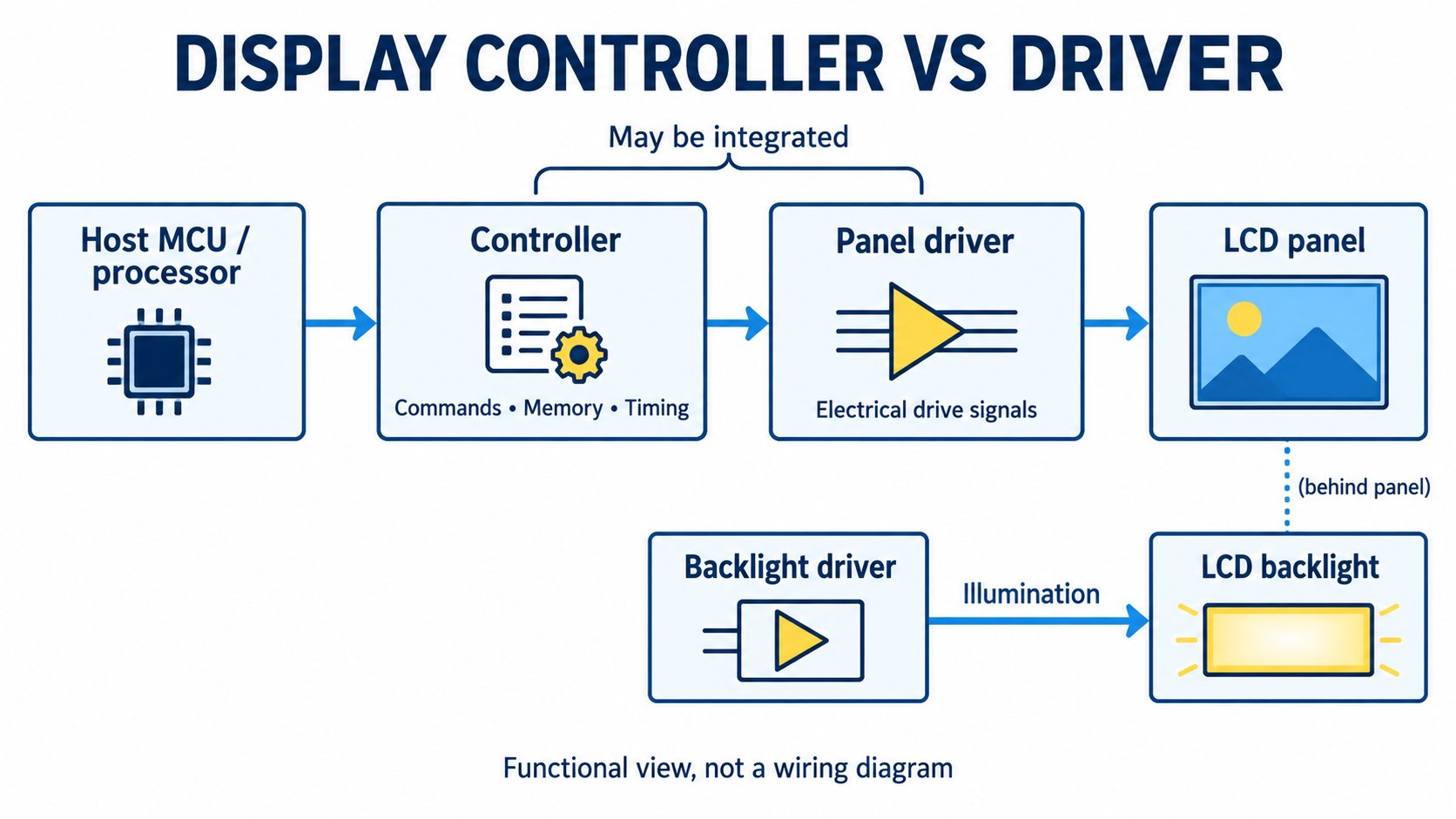 Display signal path separating host processing, controller logic, panel drive and LCD backlight control
