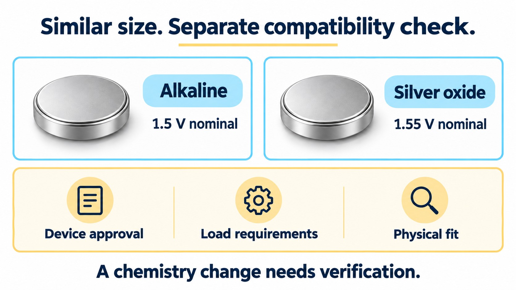 Alkaline LR1130 and silver-oxide candidates require a device-specific compatibility decision