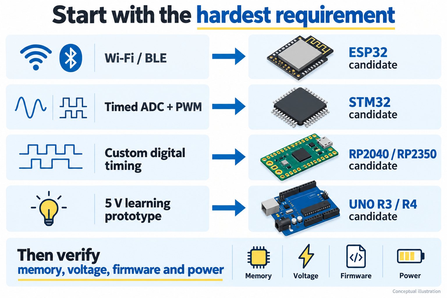 Four requirement-to-candidate routes for wireless, timed ADC and PWM, custom digital timing, and a five-volt learning prototype.
