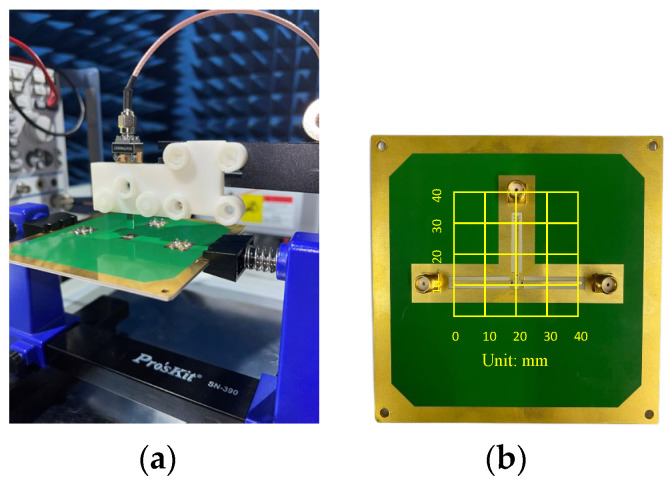 Published photograph of an E-field probe scanning above an amplifier PCB, beside a separate board view
