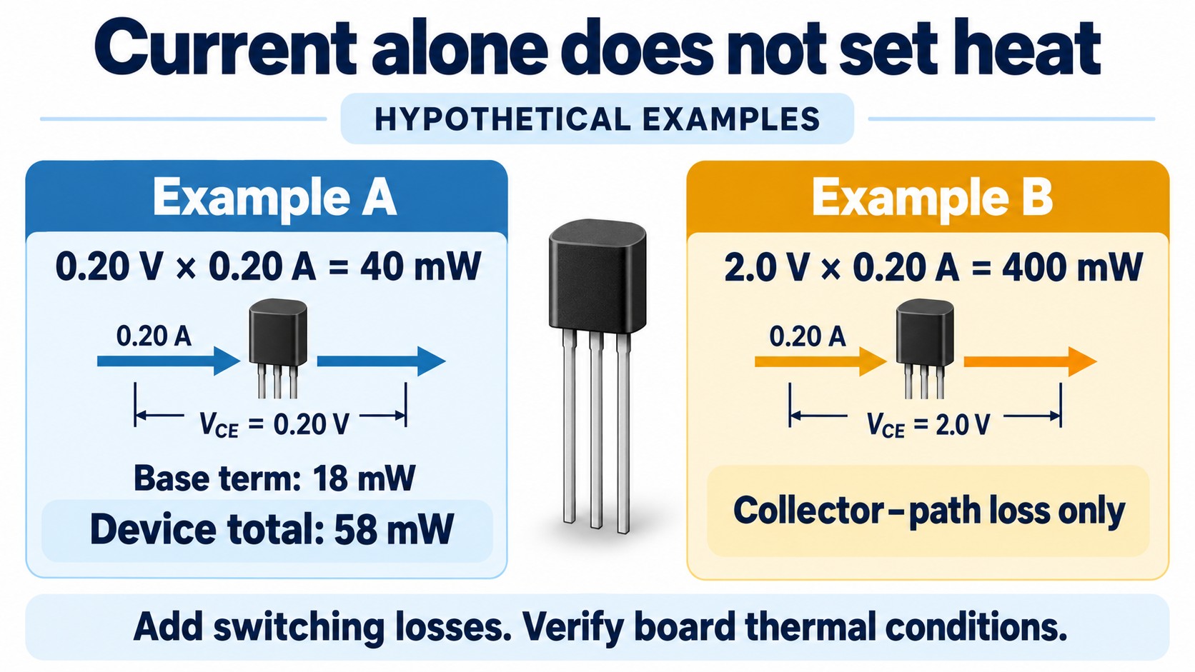 Two hypothetical BJT loss examples compare 58 mW device loss with 400 mW collector-path loss