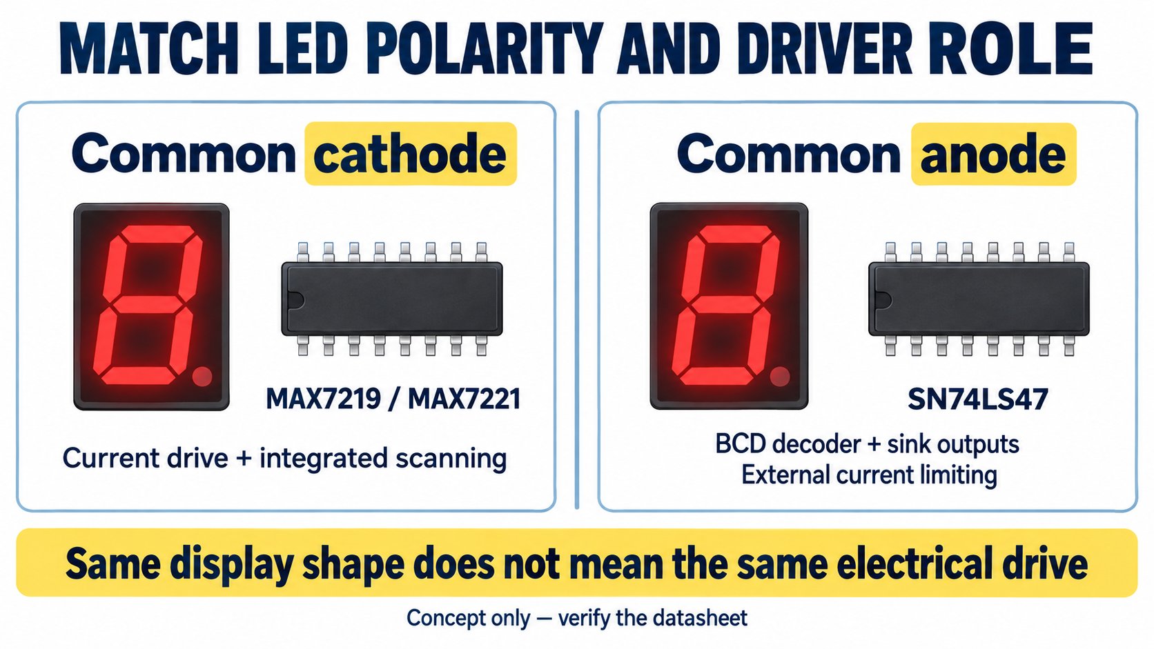 Common-cathode and common-anode LED display concepts with different driver roles