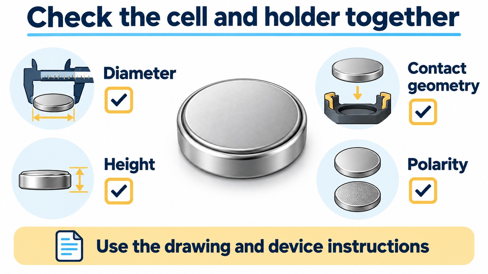 Battery fit checks cover diameter, height, contact geometry and polarity