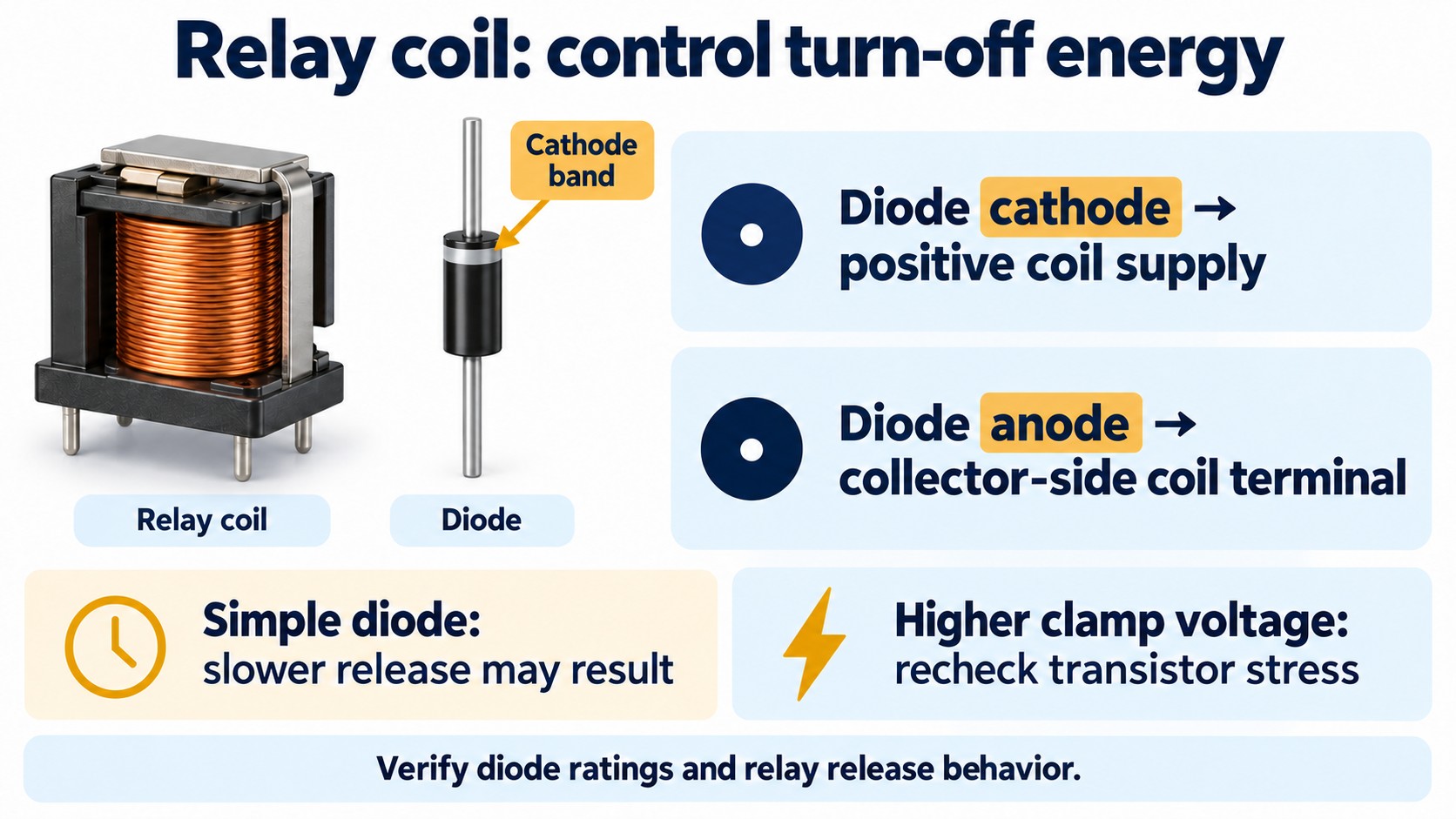 Relay-coil suppression infographic identifies flyback-diode polarity and the release-time tradeoff