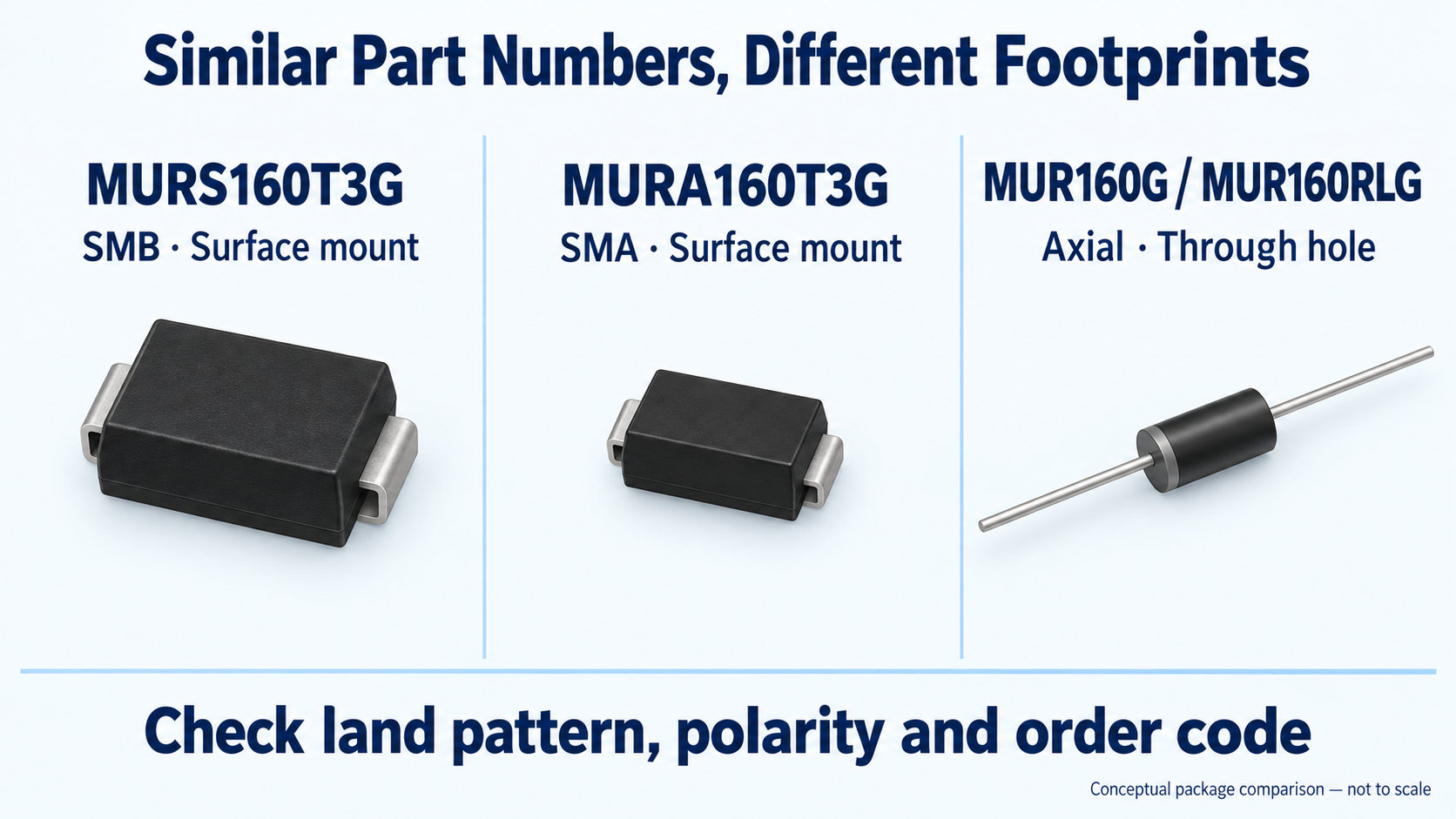 Conceptual comparison of MURS160T3G SMB, MURA160T3G SMA and MUR160 axial packages