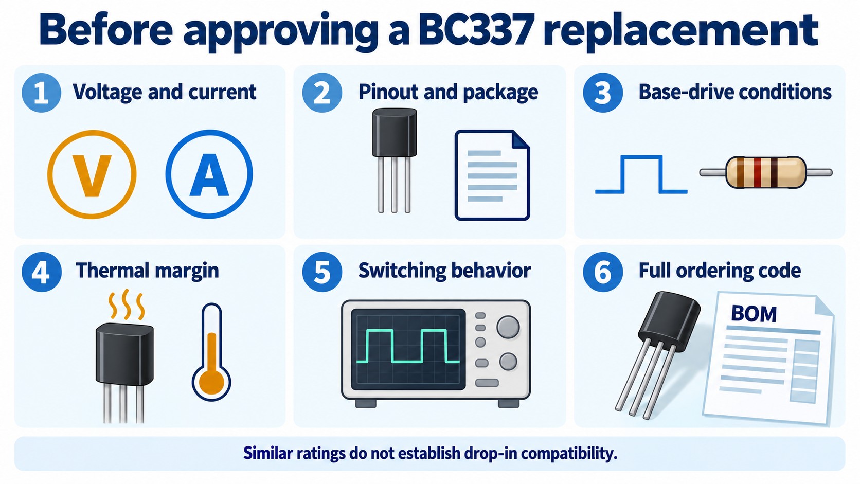 Six evidence checks for qualifying a BC337 replacement before approving the bill of materials