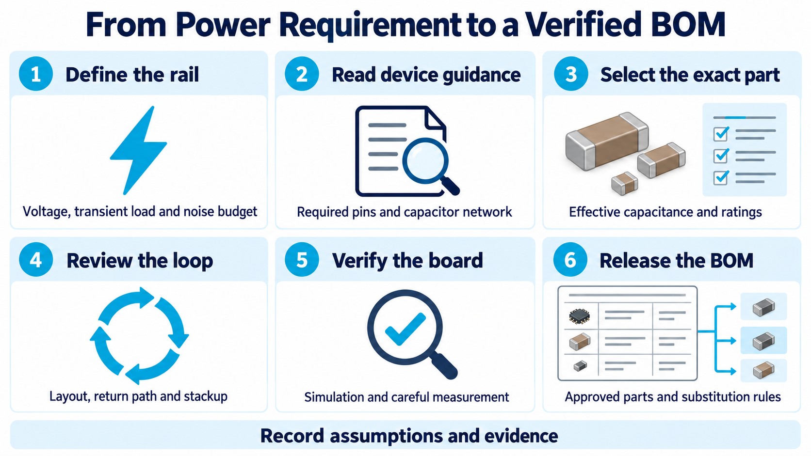 Six review steps from rail requirements and device guidance through capacitor selection, current-loop review, measurement and a controlled BOM.