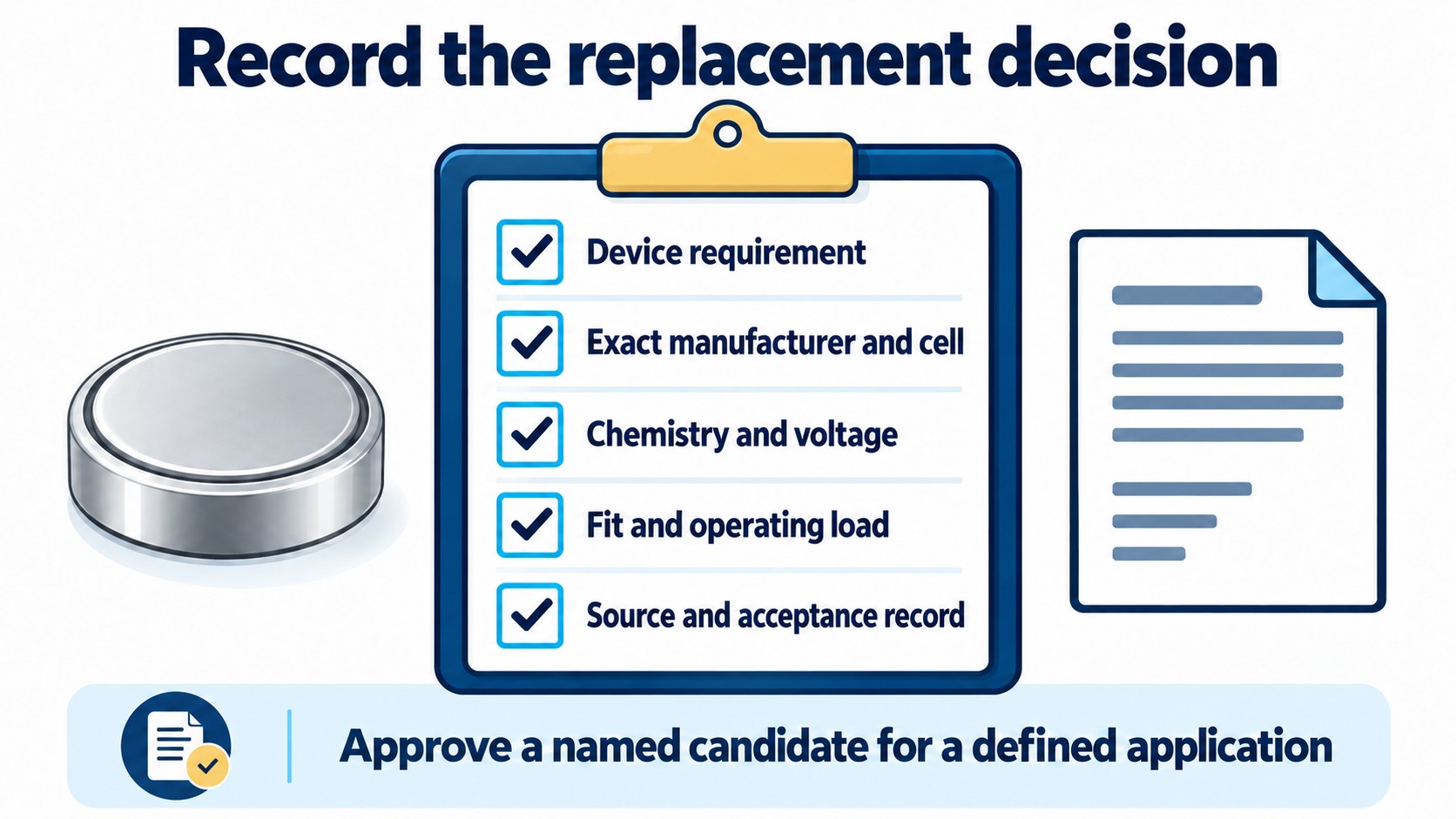 Replacement documentation covers device approval, exact cell identity, fit, electrical requirements and source evidence