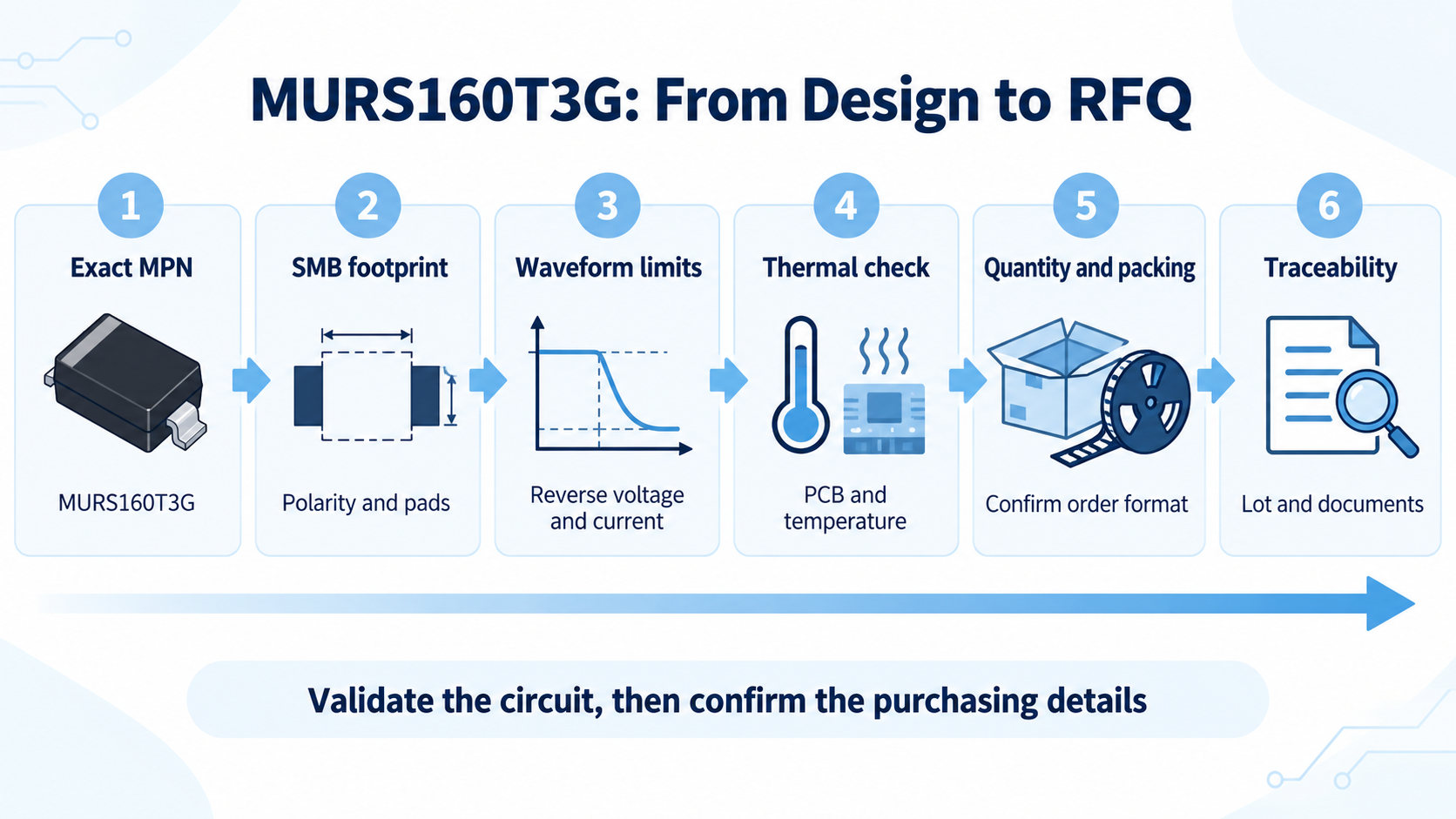 Six-step MURS160T3G checklist covering exact MPN, SMB footprint, waveform limits, thermal check, packing and traceability