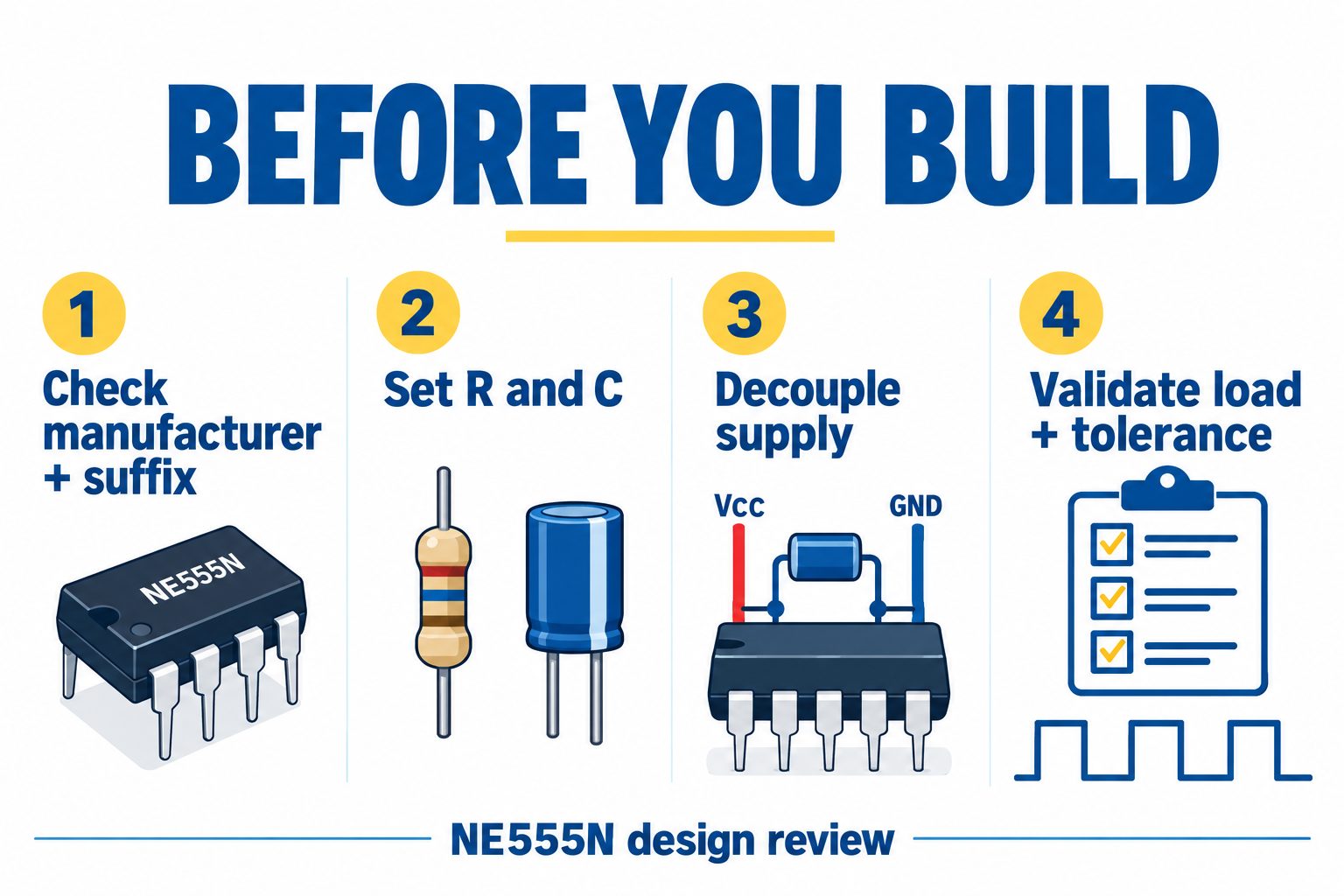 Four-step NE555N checklist: check manufacturer and suffix, set R and C, decouple supply, and validate load and tolerance.